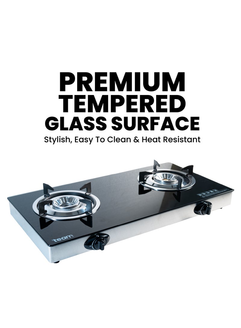 TEAM Double Burner Gas Stove with Tempered Glass Top, Automatic Ignition, Cast Iron Burners & Pan Support – Whirlwind Flame Design for Fast Cooking - Image 4